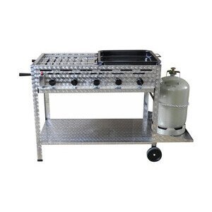 Profi-Gasgrill 5 flammig fahrbar 
1/2 Rost und 1/2 Pfanne Cookmax black