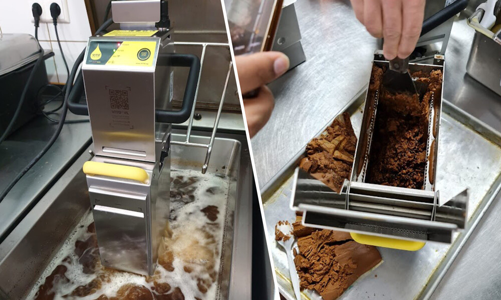 Vito AG Frittierölfilter während und nach der Reinigung der Fritteuse in Gastro-Küche